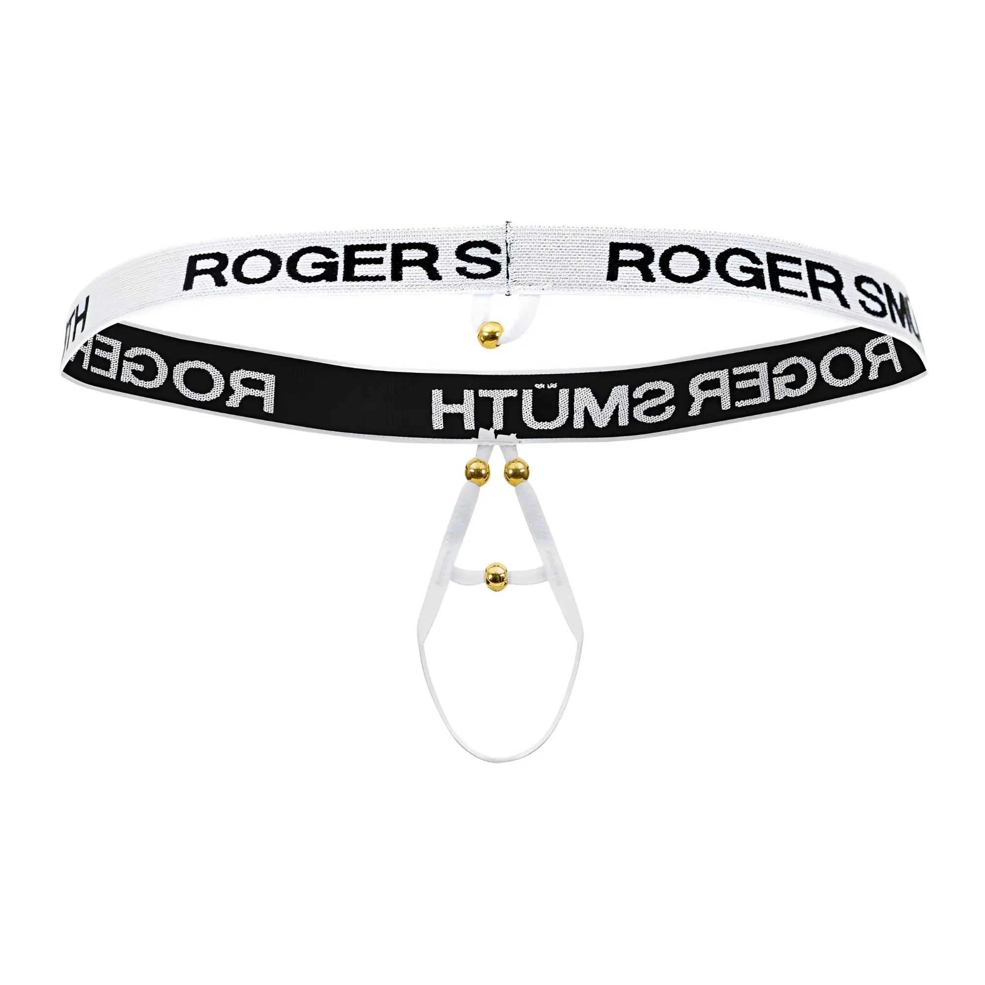 White and black striped elastic belt with gold-tone hardware by roger smuth rs089 ball lifter in white