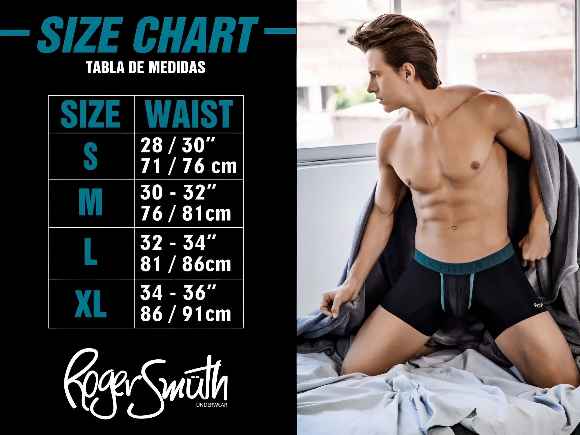 Black Roger Smith RS089 ball lifter briefs with teal elastic waistband and side trim in white color
