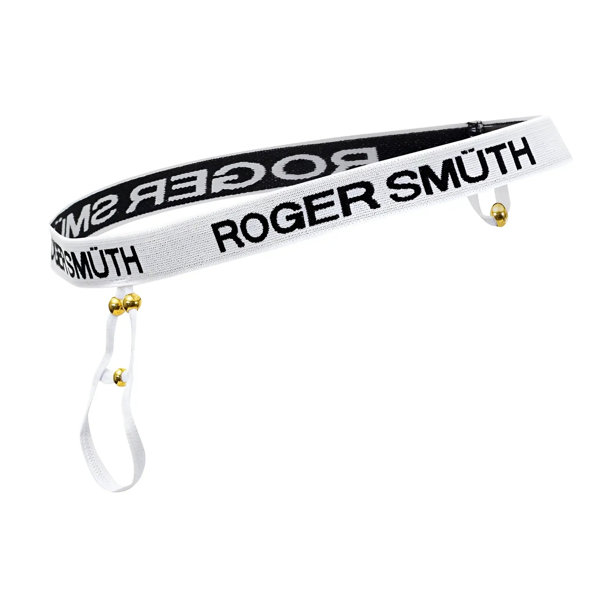 White elastic waistband ball lifter with black roger smüth lettering and gold-tone hardware in white color
