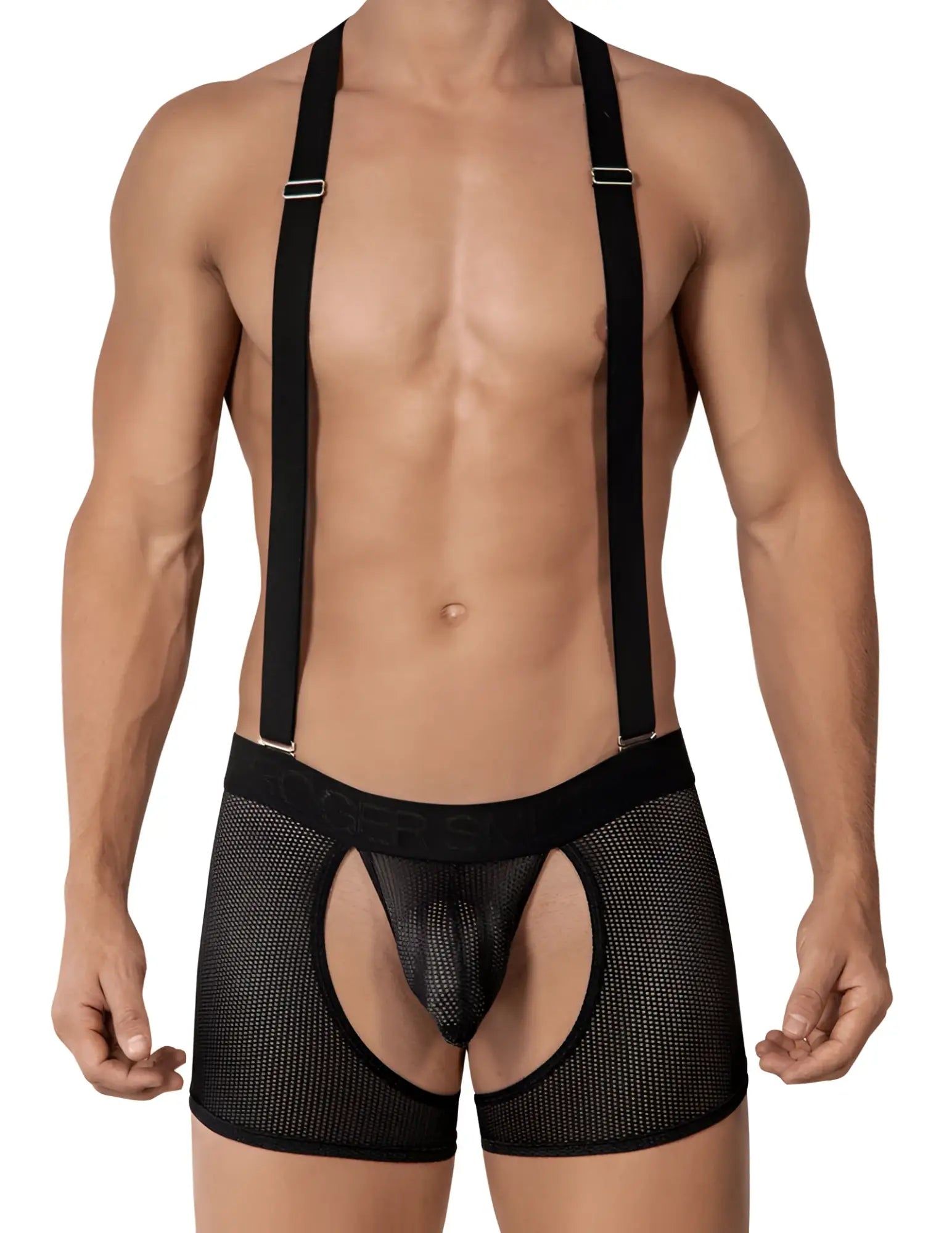Black mesh briefs with suspenders from Roger Smuth mesh chaps jock boxer jock strap underwear black size M