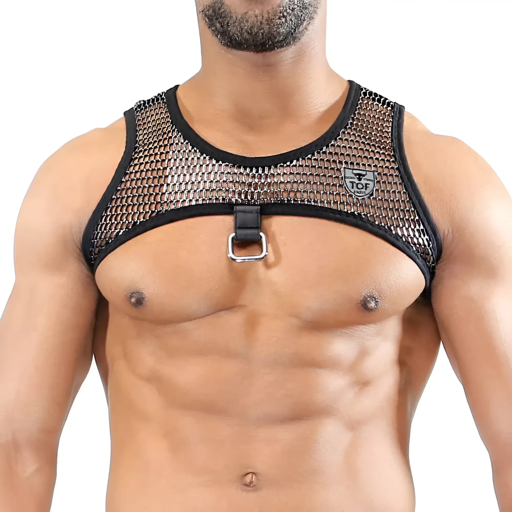 Roman harness black mesh harness with central metal buckle black trim and tof logo on the chest
