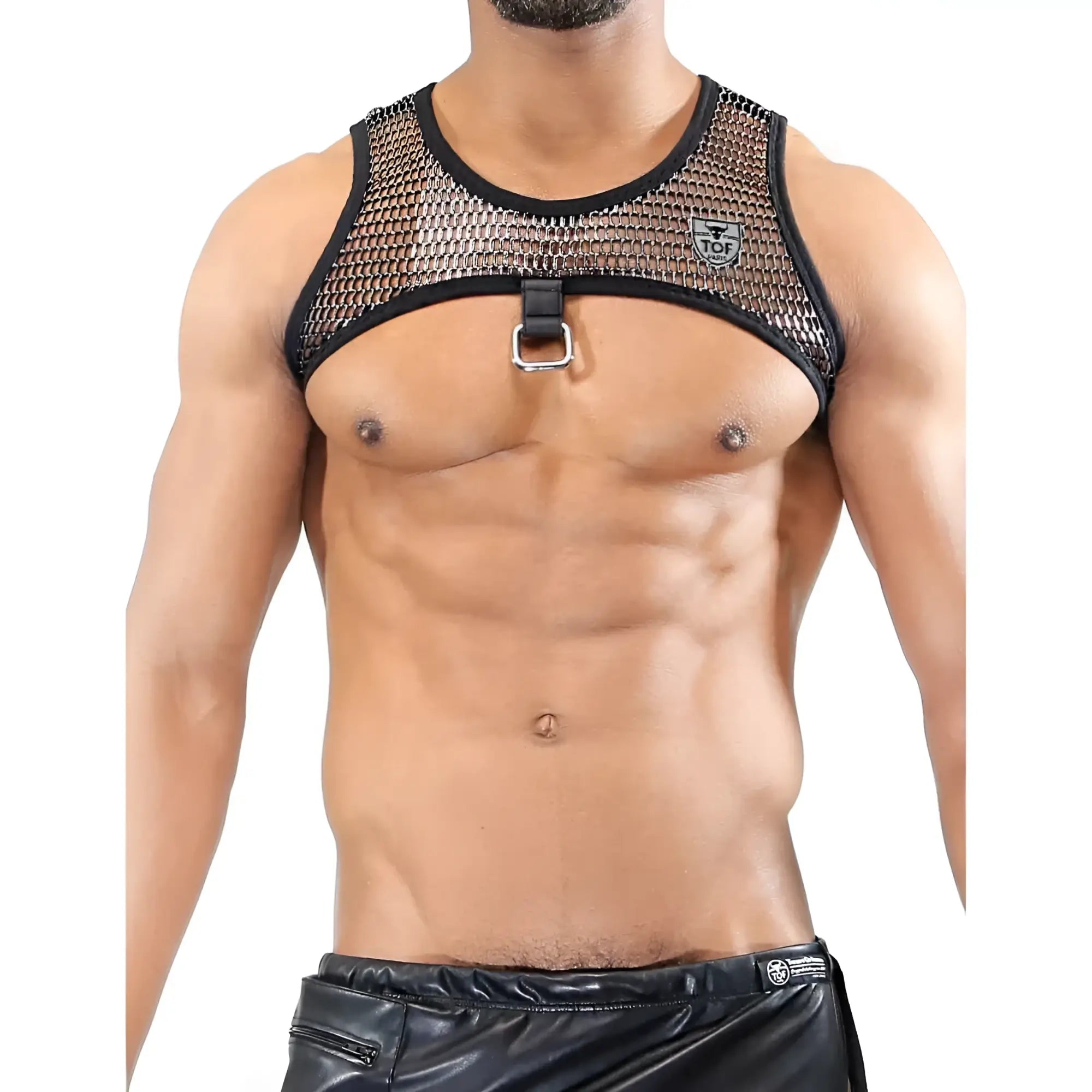 Black mesh roman harness top with silver buckle and reinforced black trim showing front side details