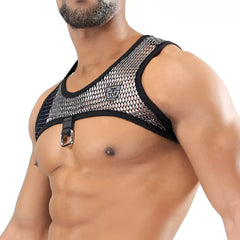 Black mesh roman harness featuring a silver toned metal buckle and brand logo for stylish layering