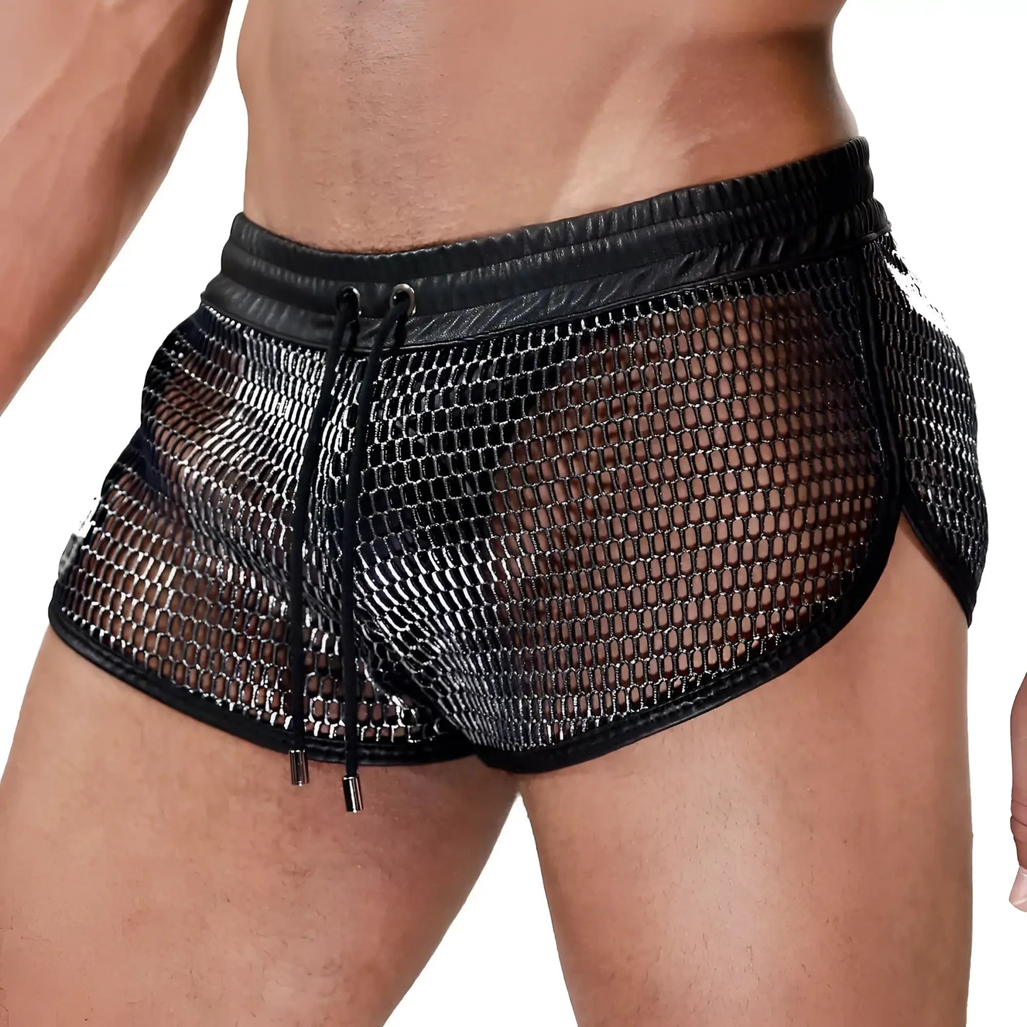 Black mesh roman shorts with chain-link design and black leather trim for edgy casual wear
