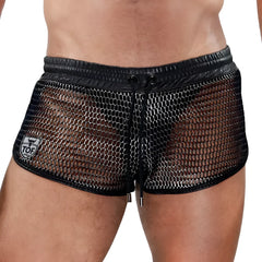Roman shorts black mesh with leather waistband drawstring and tof paris logo patch on the side