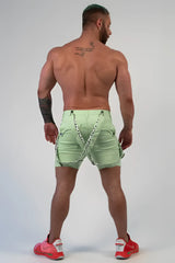 RomeY shorts light green cargo shorts back view with black and white patterned straps detail