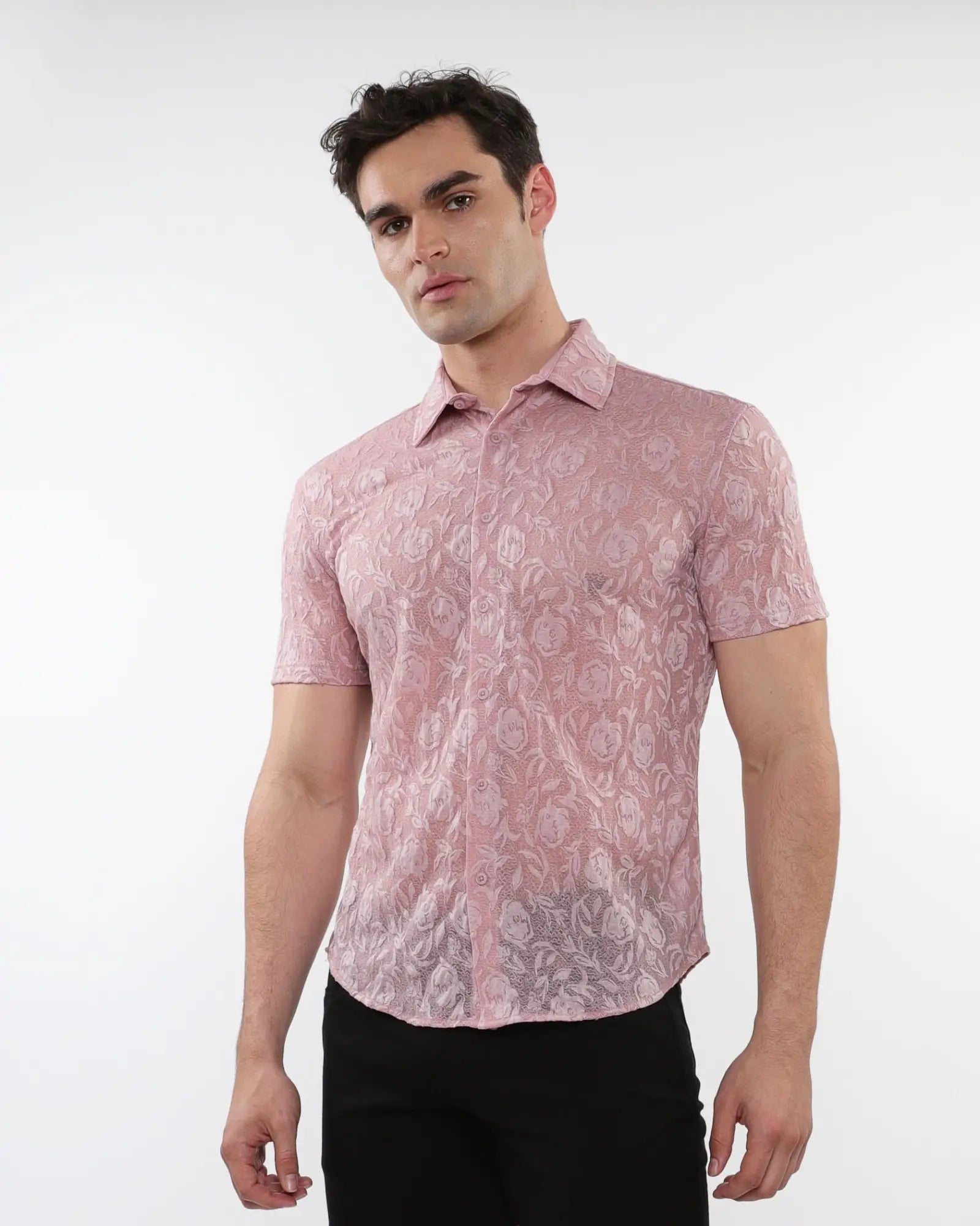Delicate pink lace roses leaves gossamer knit short-sleeved shirt with button-up and subtle floral pattern