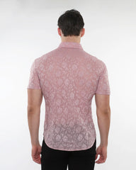 A pink short-sleeved button-up roses leaves gossamer knit shirt with a subtle floral lace pattern