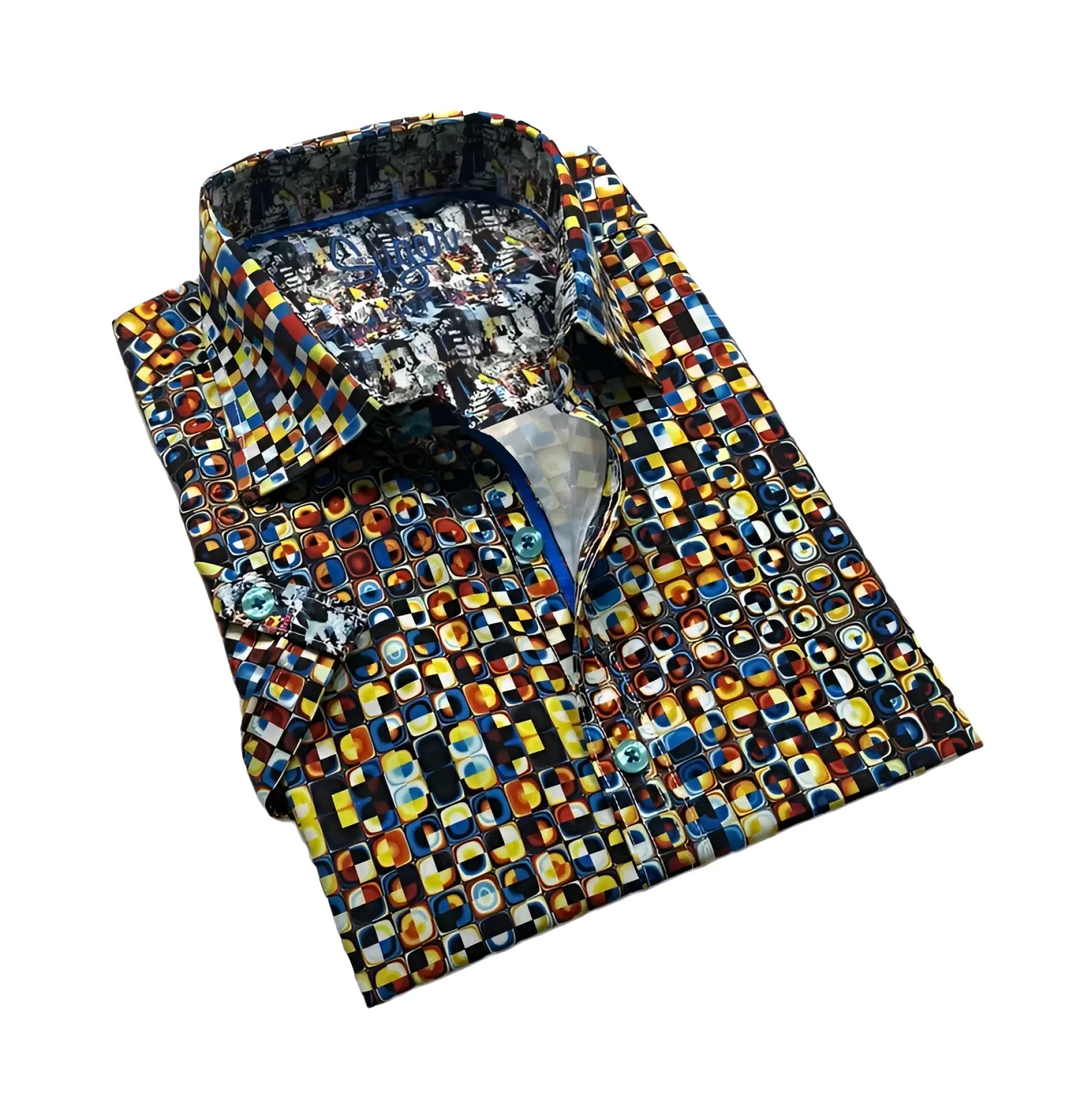 Rosie s/s buttondown vibrant men’s dress shirt with bold geometric overlapping squares in yellow blue orange and black