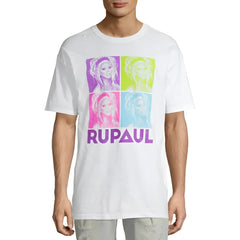 White cotton t-shirt featuring a vibrant four-panel pop-art rupaul graphic in purple lime green pink and cyan hues with rupaul printed below