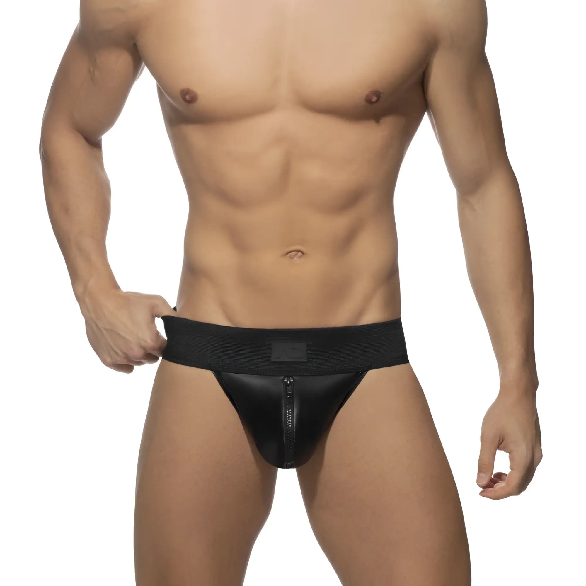 Black leather-like RUB JOCK front zip briefs with central zipper and elastic waistband for secure fit