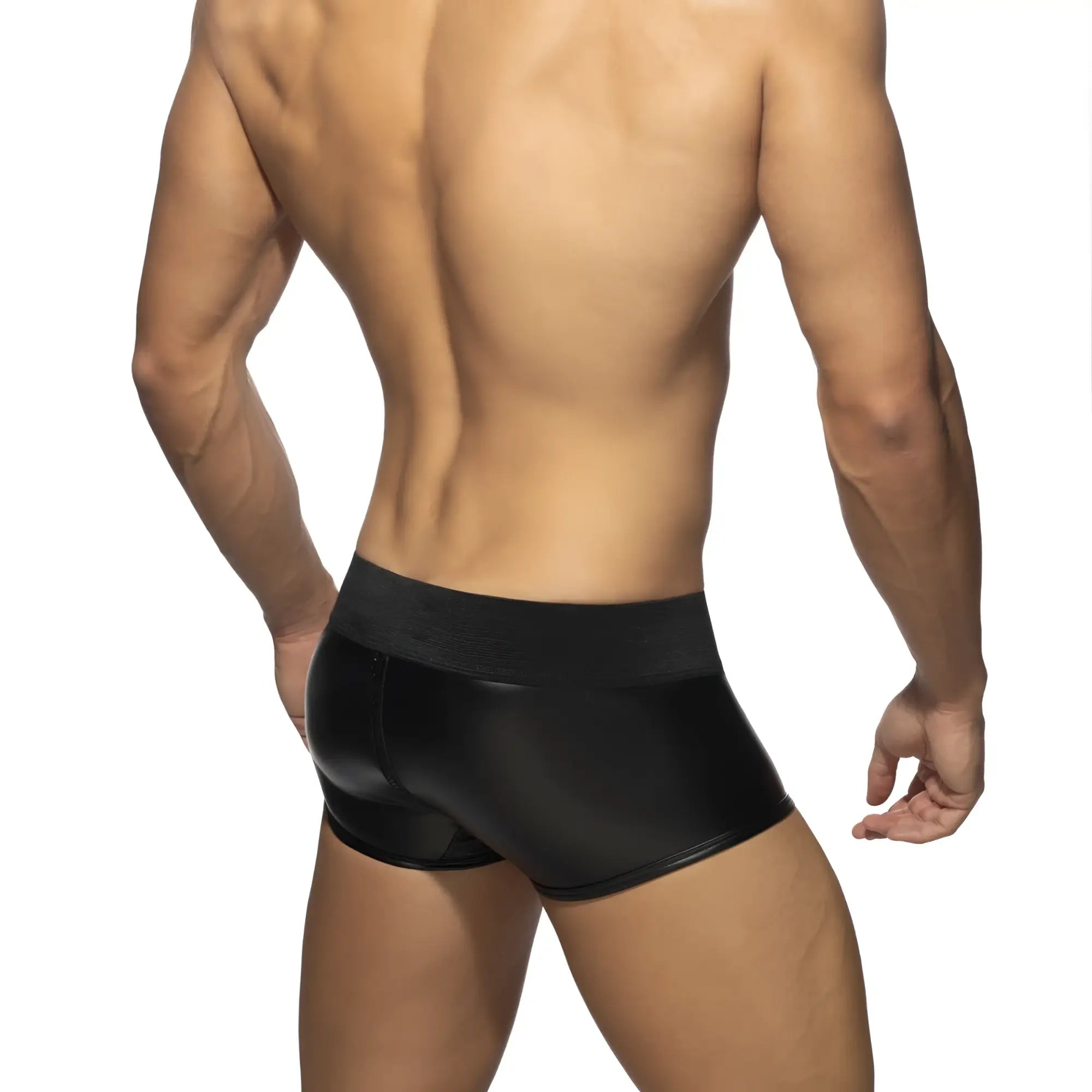 Black glossy-finish men’s briefs with a snug fit and front to back zip in the RUB TRUNK collection