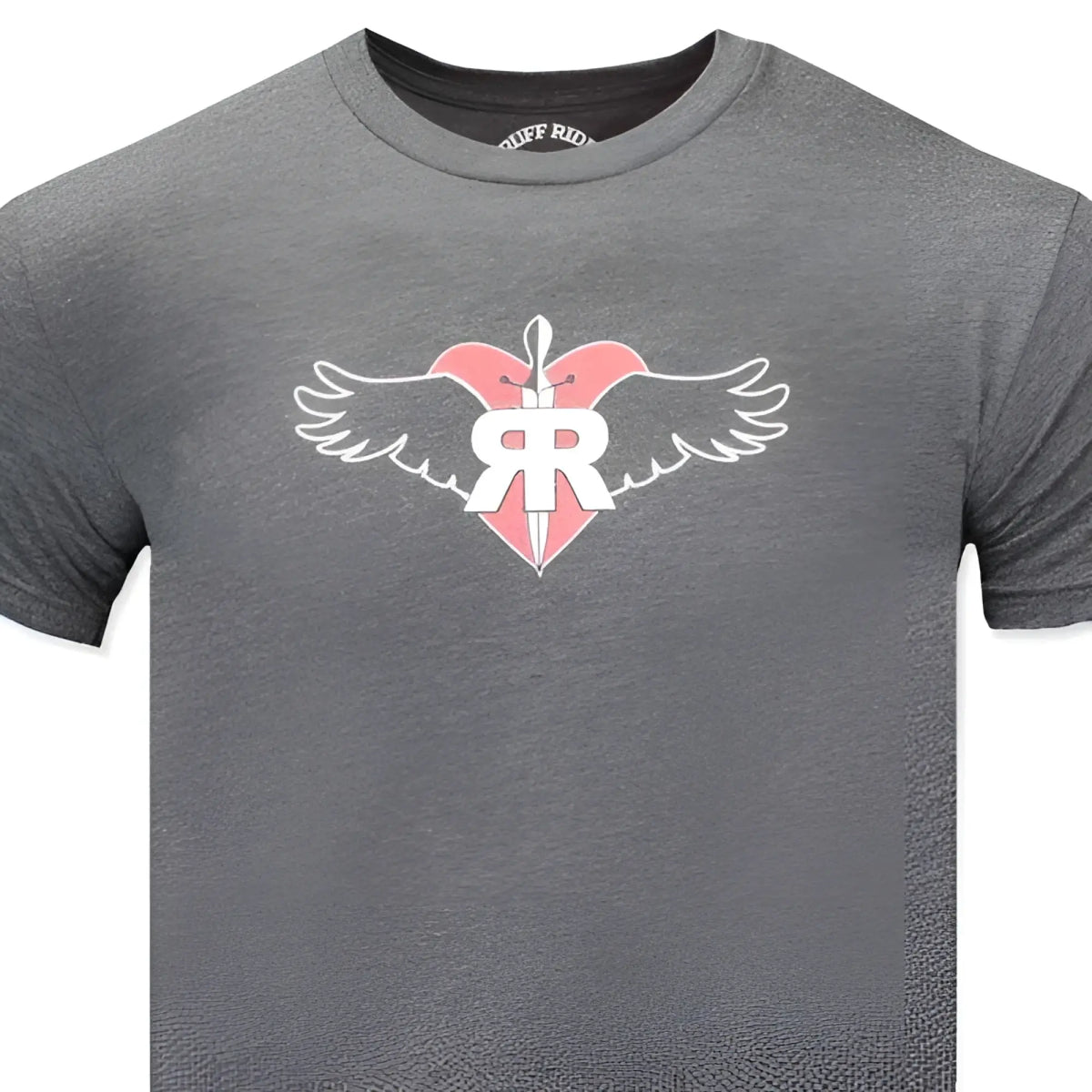Gray heathered ruff riders commitment short sleeved t shirt with pink heart white wings and rr logo in size l