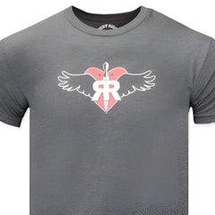 Gray heathered ruff riders commitment short sleeved t shirt with pink heart white wings and rr logo in size l