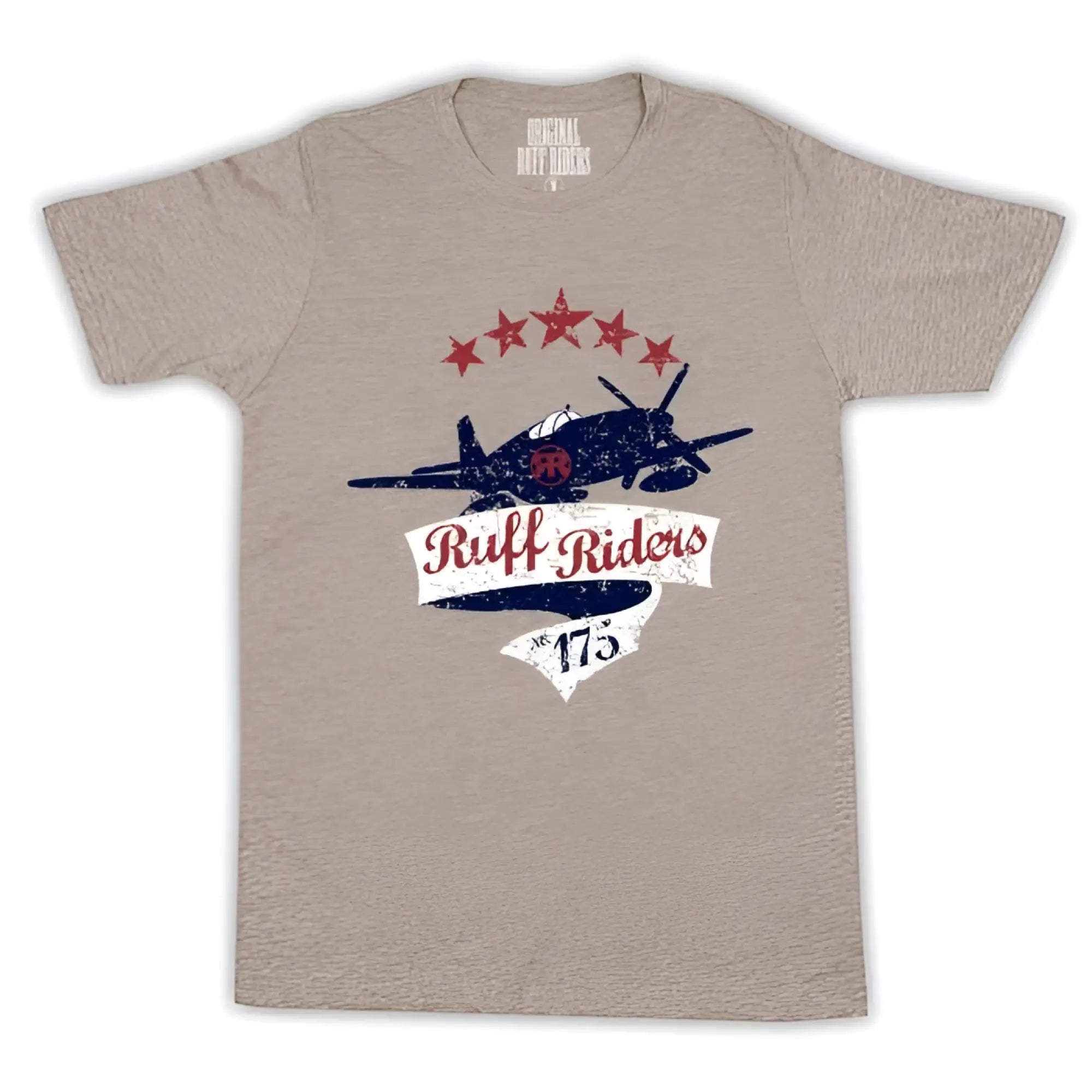 Heather gray short-sleeved cotton t-shirt with distressed navy airplane graphic red stars and white ruff riders text size L