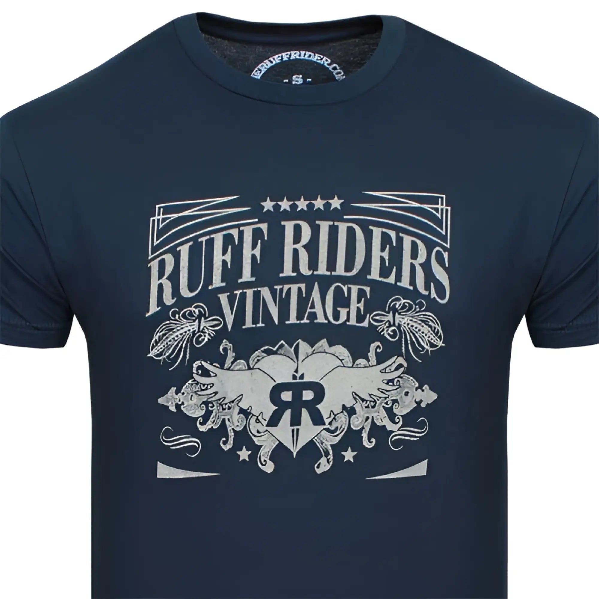 Dark blue cotton ruff riders legacy short sleeved t shirt with distressed white vintage graphic and winged emblem size m