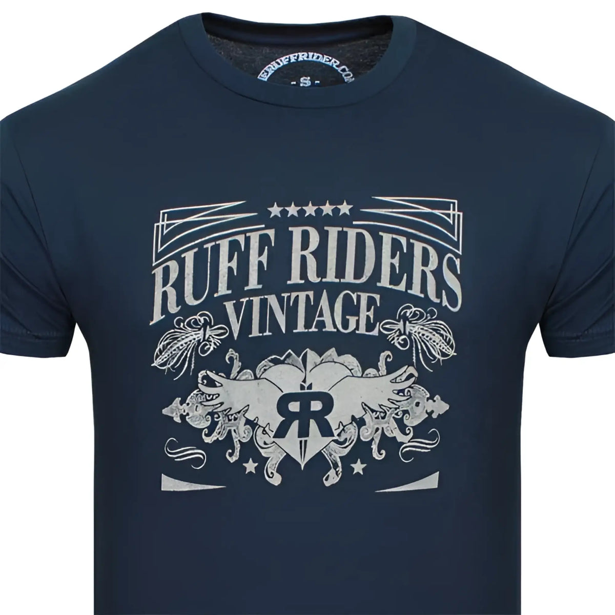 Dark blue cotton ruff riders legacy short sleeved t shirt with distressed white vintage graphic and winged emblem size m