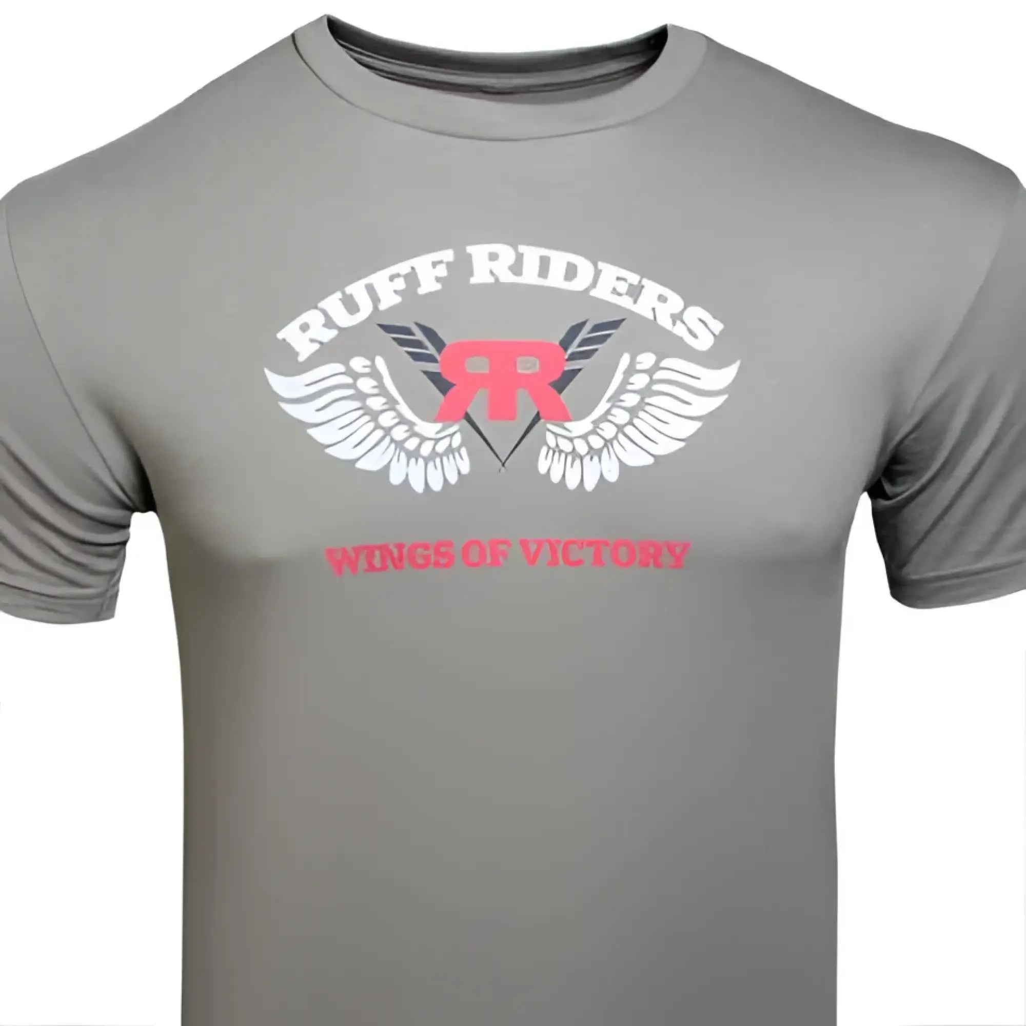 Gray short sleeved t shirt with white winged rr logo and pink ruff riders waves of victory text size m