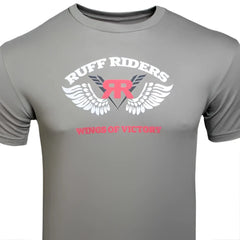 Gray short sleeved t shirt with white winged rr logo and pink ruff riders waves of victory text size m
