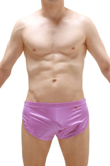 Purple satin running shorts joe with a small red logo on the waistband