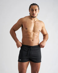 Black s s c fraternity 3 inch mesh shorts with drawstring waistband and logo on lower left leg