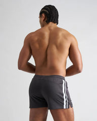 Dark gray s.s.c. fraternity 3 inch mesh athletic shorts with two vertical white stripes down each side