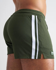 Olive green s.s.c. fraternity 3 inch mesh shorts with two vertical white stripes for athletic use
