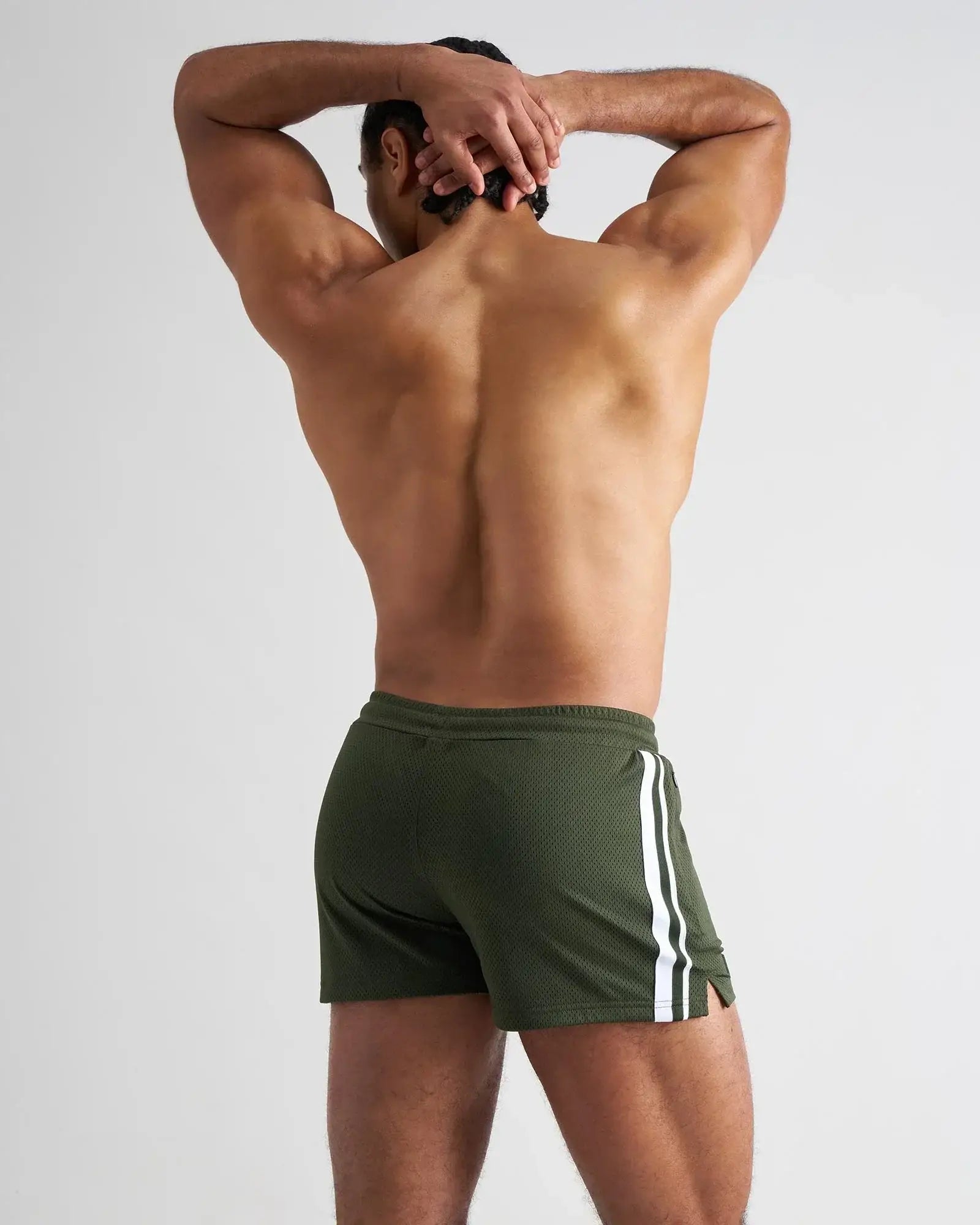 Olive green s.s.c. fraternity 3 inch mesh athletic shorts with white side stripes for sports and workouts
