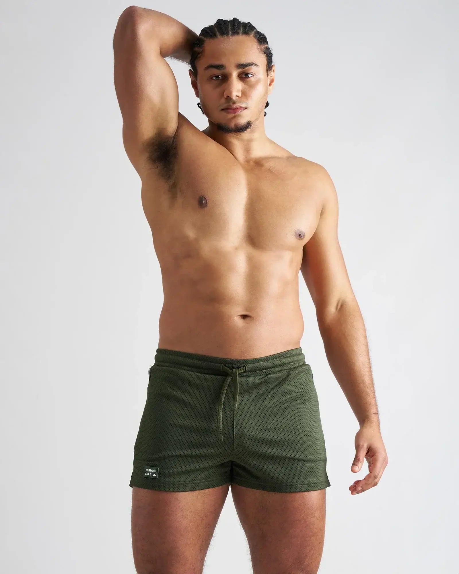Olive green textured s.s.c. fraternity 3 inch mesh athletic shorts with drawstring waistband for sportswear
