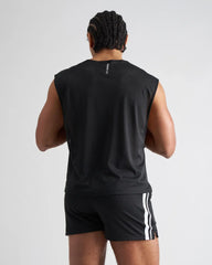 Black mesh sleeveless athletic top with subtle vertical logo on back in s.s.c. mesh muscle tank design