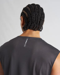 Dark gray mesh sleeveless S.S.C. muscle tank with team b ssc branding on the back neck in the back view