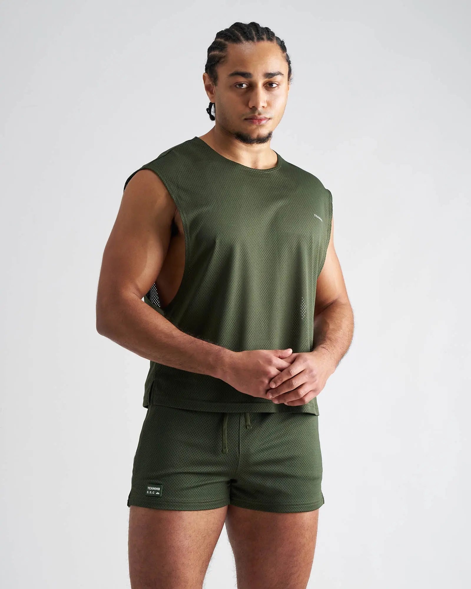 Olive green mesh sleeveless athletic top s.s.c. mesh muscle tank designed for breathable workout wear