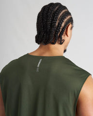 Back view of olive green mesh sleeveless s.s.c. mesh muscle tank with teammb ssg branding on neckband