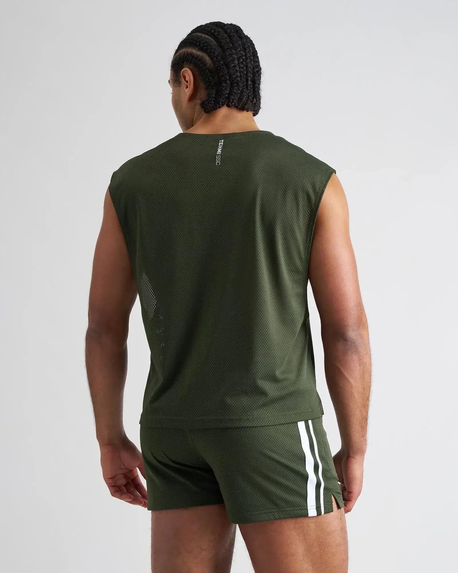 Olive green mesh sleeveless athletic tank top with white vertical stripes on back and side seam s.s.c. mesh muscle tank