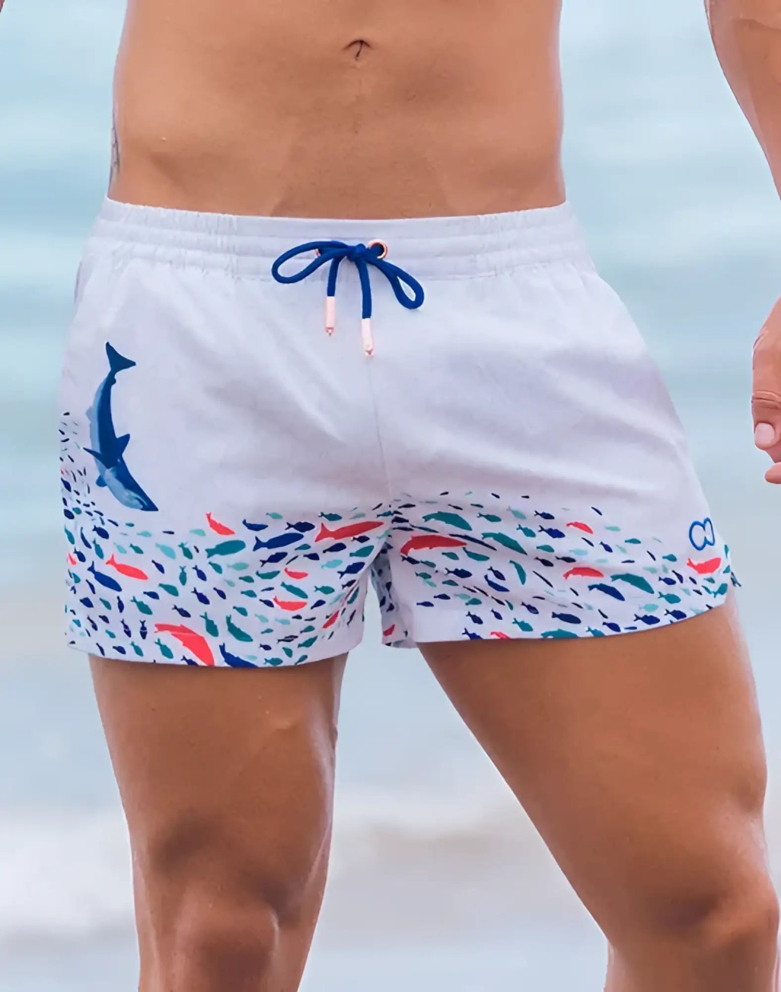 White swim trunks s50 seascape print swim short with vibrant underwater design blue dolphin multicolored fish navy drawstrings