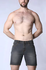 Saddleback denim short dark-wash denim shorts with classic five-pocket design and stitched hem