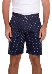 Dark navy sailboat print shorts with subtle small white triangle pattern ideal for casual summer wear