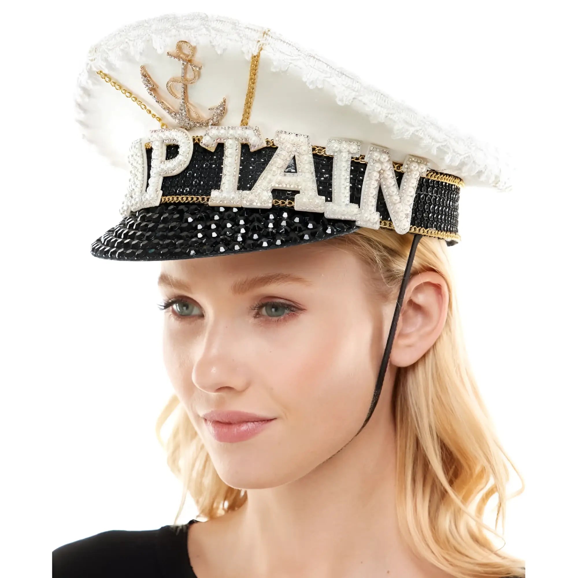 Sailor captain hat with sparkling white and black design featuring gold anchor and rhinestone embellished captain lettering