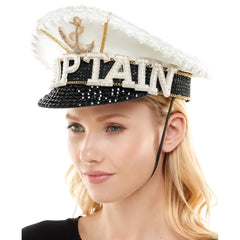 Sailor captain hat with sparkling white and black design featuring gold anchor and rhinestone embellished captain lettering