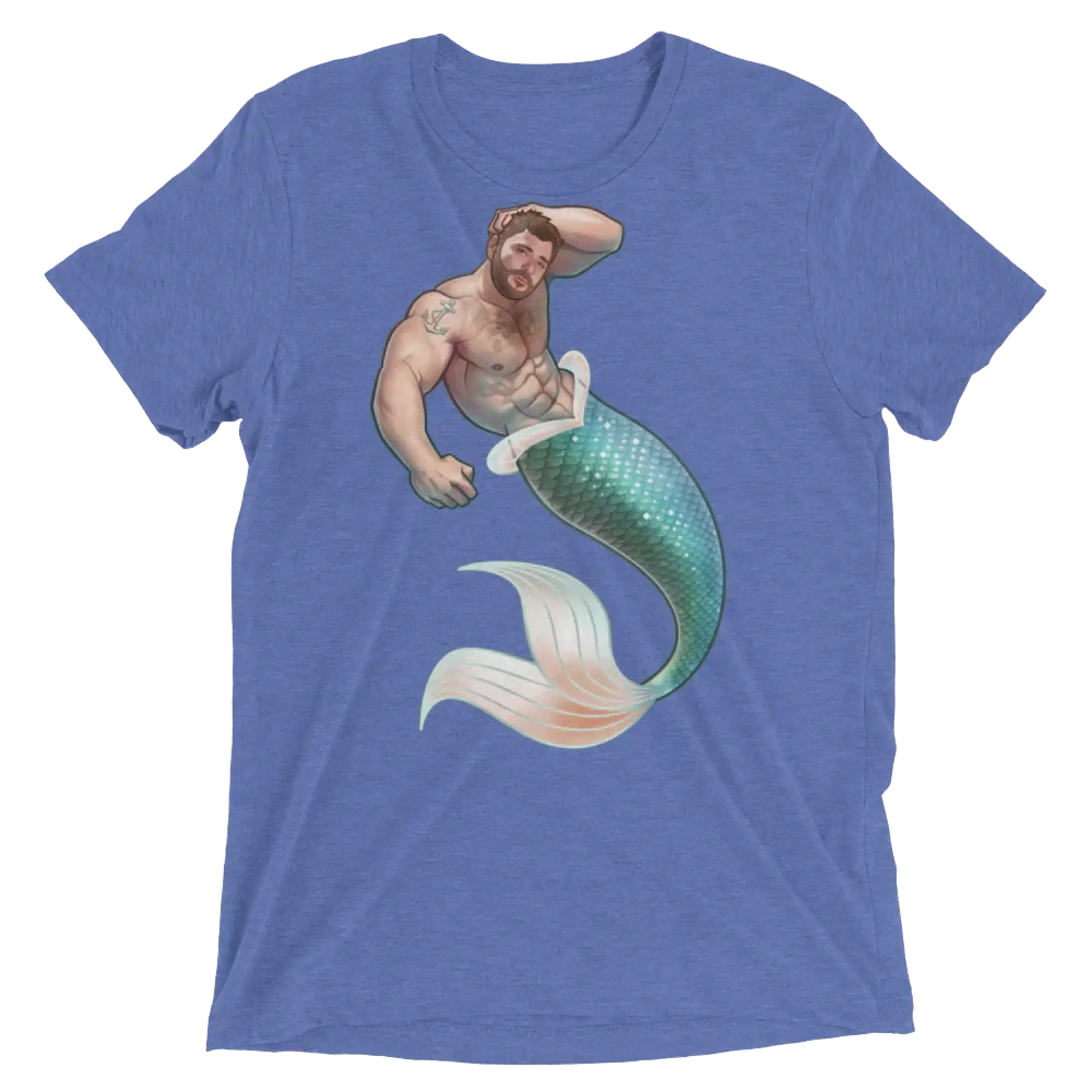 Blue heathered t-shirt featuring a muscular bearded merman with teal and white scaled tail from salt of the sea collection