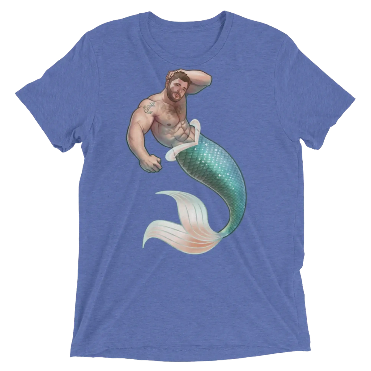 Blue heathered t-shirt featuring a muscular bearded merman with teal and white scaled tail from salt of the sea collection