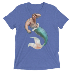 Blue heathered t-shirt featuring a muscular bearded merman with teal and white scaled tail from salt of the sea collection