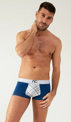 Blue boxer briefs saltire combo trunks with white plaid pouch and white waistband featuring ac logo