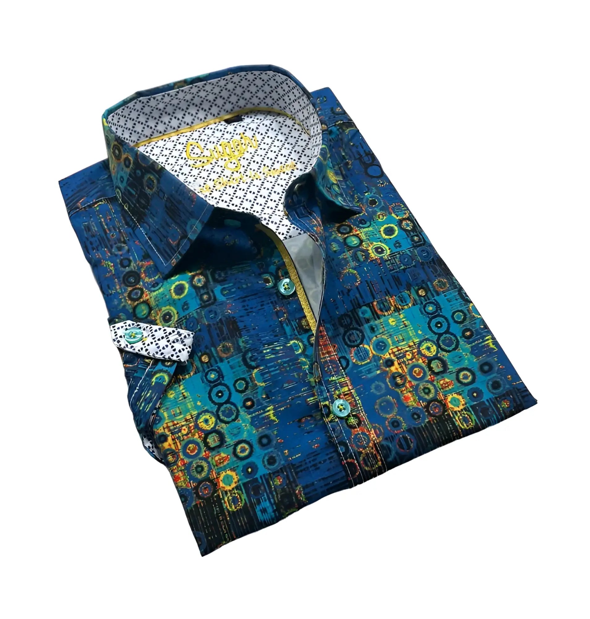A vibrant blue sandro s s buttondown men’s dress shirt with bold geometric concentric circles in green yellow and teal