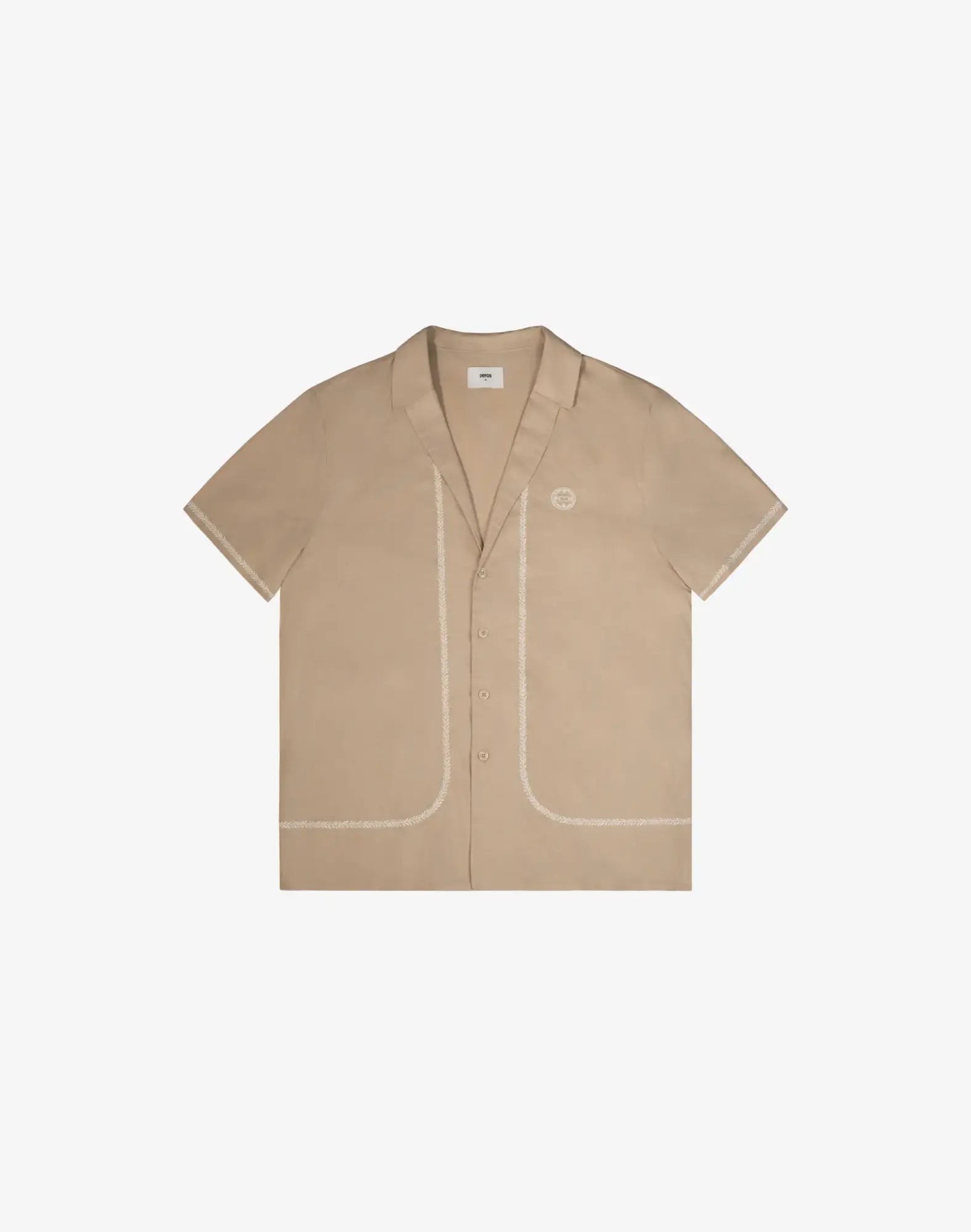 Beige santorini linen shirt short sleeved button up with contrasting stitching and embroidered logo on left chest