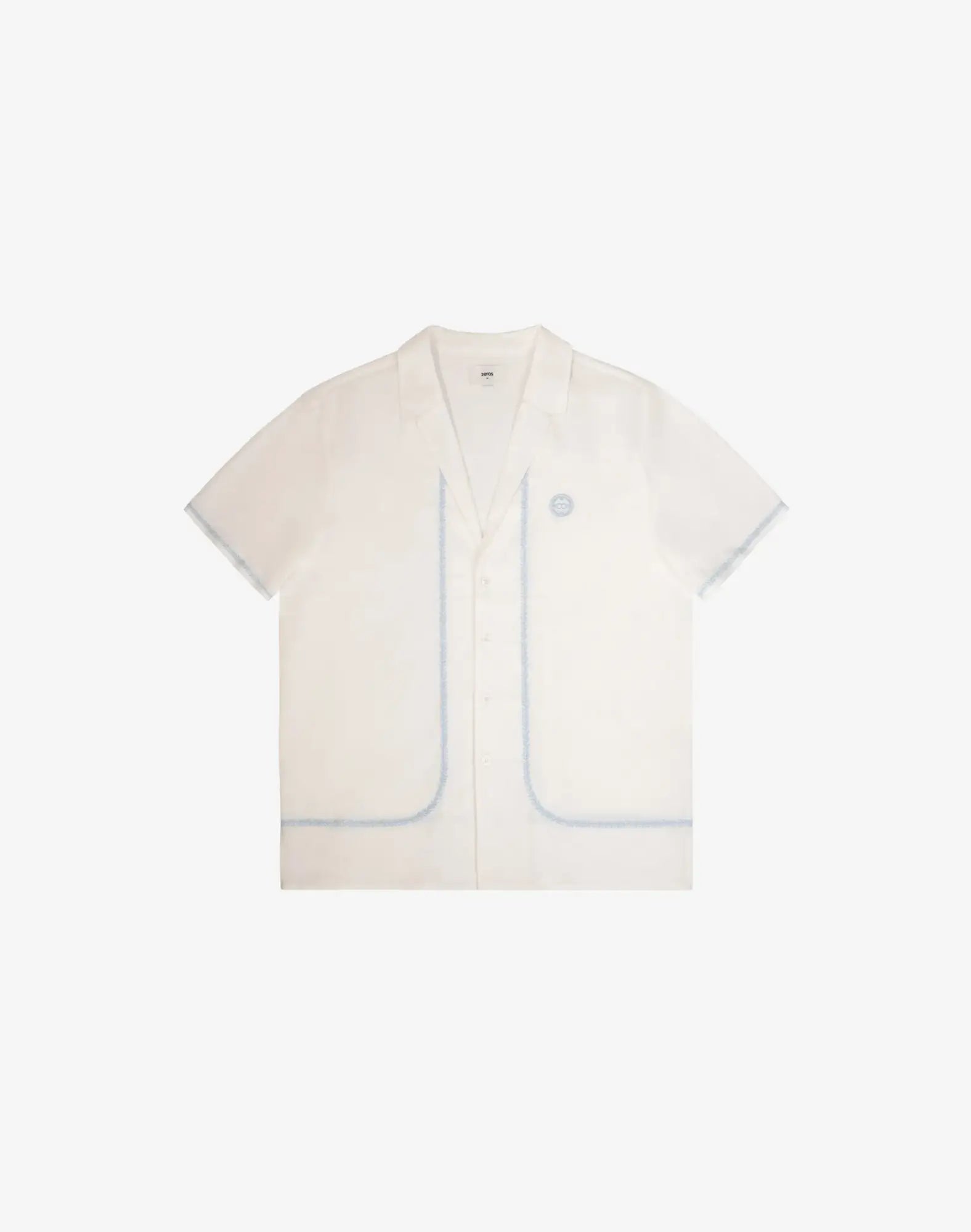 Santorini linen shirt crisp white short-sleeved button-up with subtle light blue piping on front pockets and seams