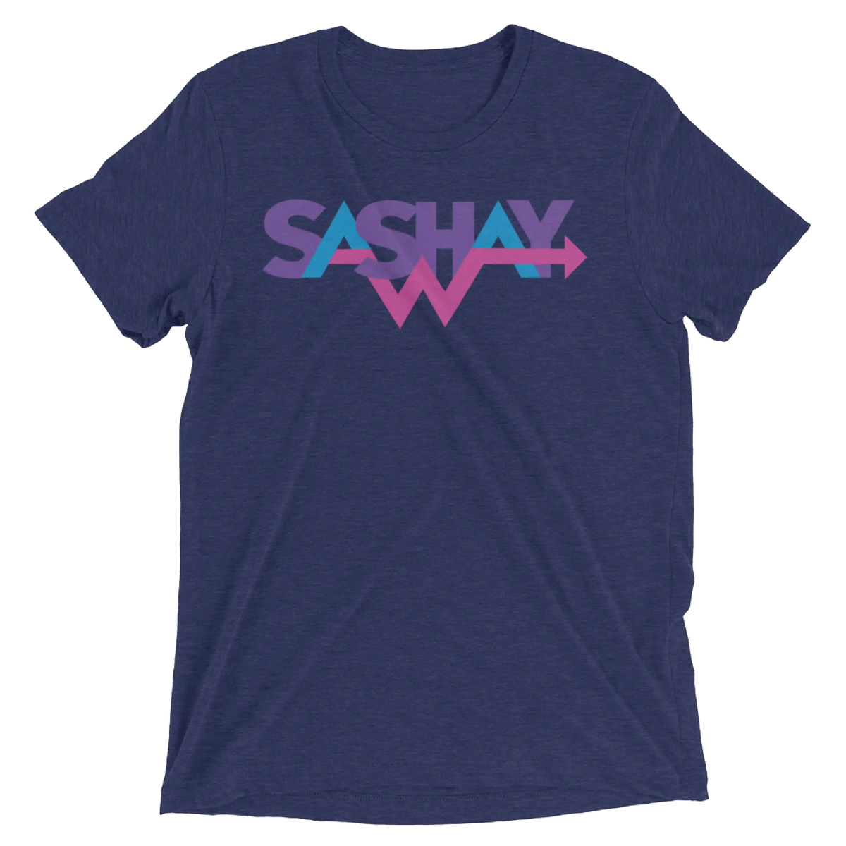 Navy blue heathered cotton t-shirt featuring vibrant multi-colored sashay graphic with gradient purple and pink lettering