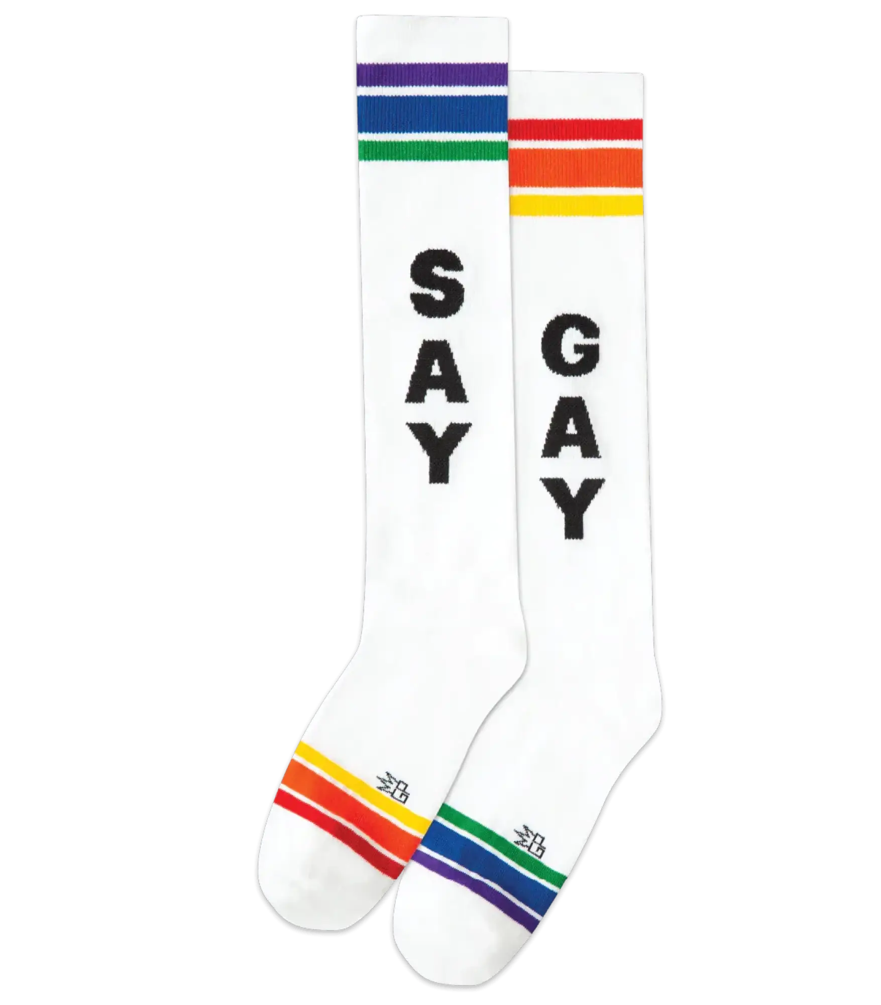 White knee high socks with rainbow stripes and black say gay text featuring a classic athletic design