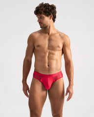 Bright red score sheer brief with form-fitting fit and sheer mesh panel on the back for a stylish look