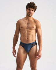 Men’s navy blue score sheer brief with mesh side panels designed for breathable comfort and support